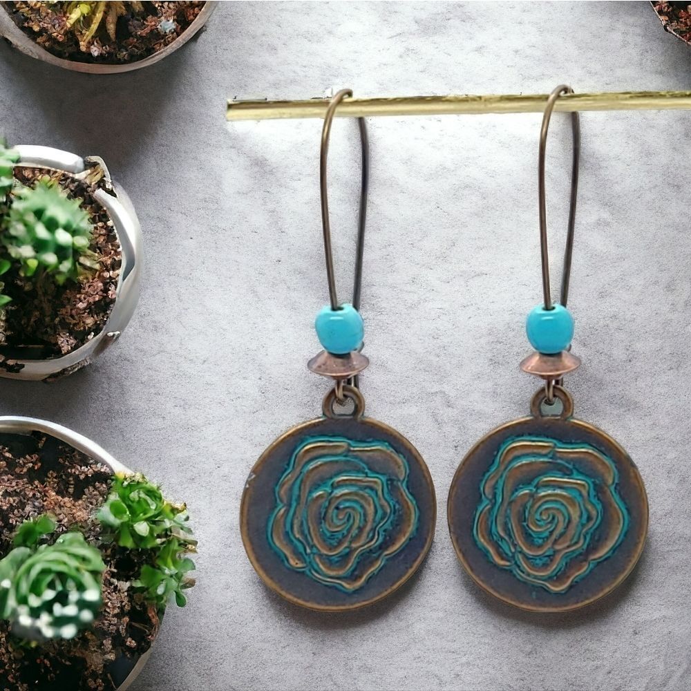 Copper Rose Turquoise Beaded Patina Dangle Medallion Earrings Bohemian Jewelry